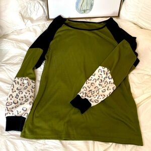 NWOT Green Black & Leopard Top